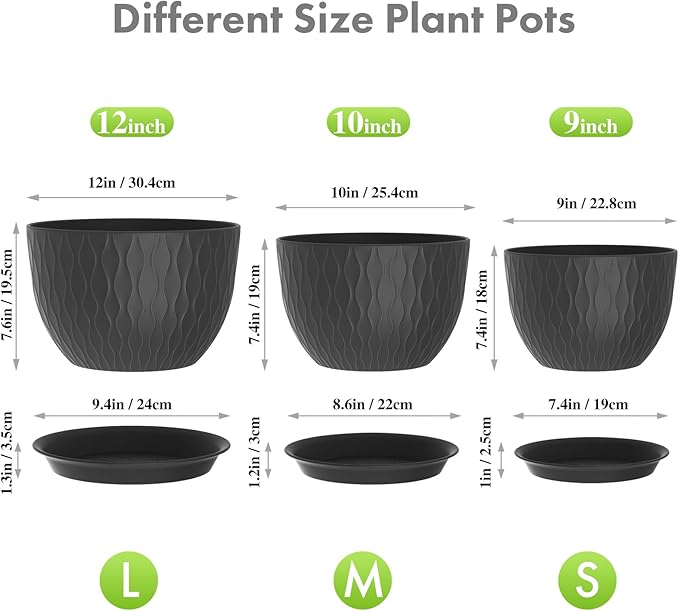 Large Plant Pots 12/10/9 inch, 3 Pack Wide Flower Pots for Outdoor Indoor Plants with Water Ripples, Big Plastic Planters with Drainage Holes and Saucers for Garden House Plants, Black