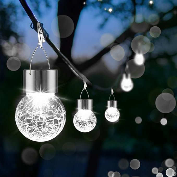 PARTPHONER 12 Pack Hanging Solar Lights Outdoor, Waterproof Solar Globe Lantern with Handle and Clip, Decorative Cracked Glass Ball Lights for Christmas Decor, Tree, Yard, Garden, Patio (Cold White)