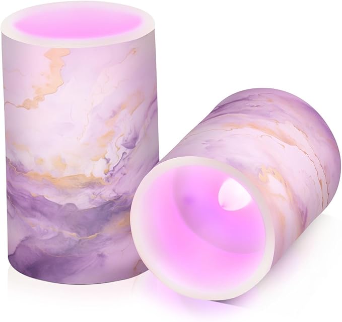 Flickering Flameless Candles, Purple Gold Marble LED Candles with Remote Timer, Set of 2 Battery Operated Candle for Valentine Wedding Birthday