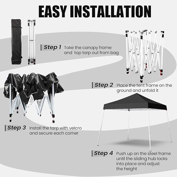 10x10 Pop Up Canopy, 300D Silver Coated Black Fabric Outdoor Gazebo, Beach Tent Slant Legs with Storage Bag,Easy Up Sun Shade Shelter Tents with 8x8 Top Cover for Patio,Party