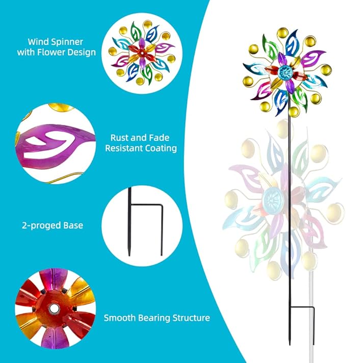 DREAMYSOUL 2 Packs Wind Spinners for Yard and Garden, Colorful Pinwheel Metal Wind Sculpture Outdoor Yard Art for Garden, Patio, Lawn Decor (11" Dia * 37.8" H)