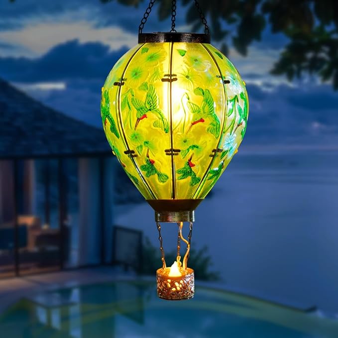Starsoul Extra Large Solar Hot Air Balloon Lantern with Flame Hummingbird Glass Outdoor Hanging Hot Air Balloon Solar Light Waterproof Garden Patio Yard Party Decorations