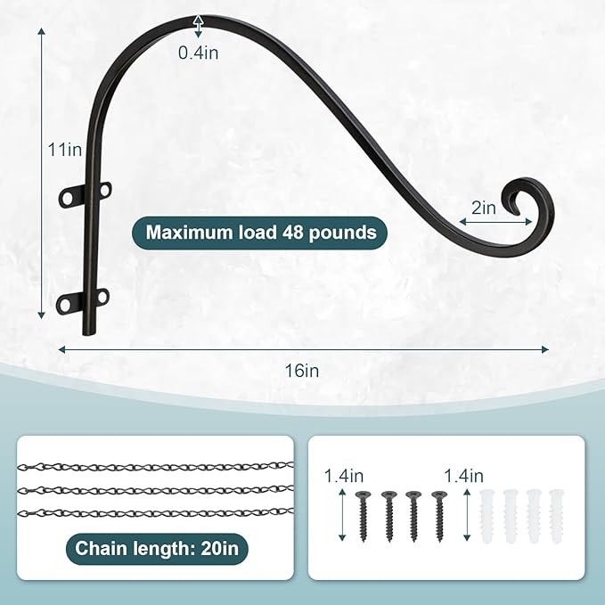 Plant Hangers Outdoor, 4 Pack 16 Inch Plant Hooks with 12 Chains for Wall Metal Plants Hanging Bracket for Bird Feeder, Flower Baskets, Wind Chimes, Lanterns, Indoor Outdoor, Black