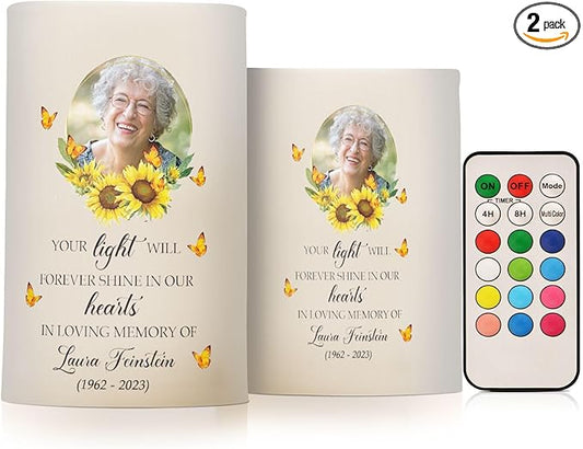 Vdsrup Flameless Candles Set of 2 Memorial Custom LED Candles with Timer Battery Operated Sunflower Candle Lights Flickering with Remote for Home Bedroom Decor