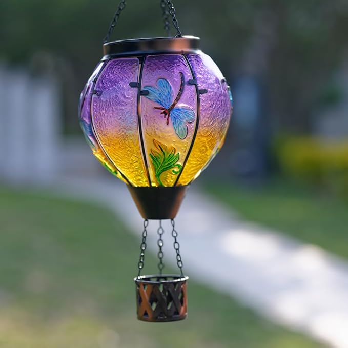 Starsoul Dragonfly Hot Air Balloon Solar Lantern Outdoor Glass Hanging Hot Air Balloon Lantern with Flame Light Waterproof for Patio Pathway Yard Porch Backyard Decor