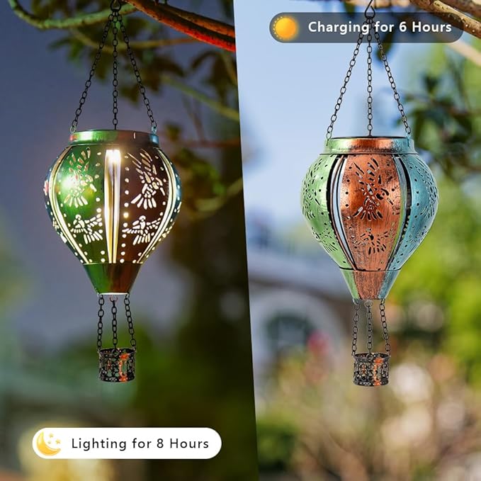 Hummingbird Solar Lantern Hot Air Balloon Outdoor Waterproof Lights, Metal Solar Hanging Lanterns Hummingbird Ornament for Garden Yard Patio, Hummingbird Gifts for Women Mom