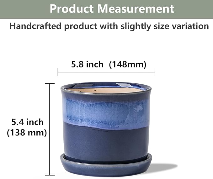 5.8 Inch Plant Pot: Ceramic Planter with Drainage Hole & Saucer - Gradient Blue Flowerpot for Indoor & Outdoor Plants with Separate Tray