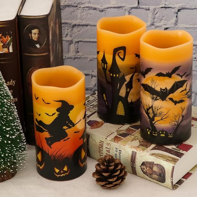 Halloween Real Wax LED Flameless Flickering Candles with 6H Timer, 3 Pcs Pillar Battery Operated Candle Sticks with Halloween Decal for Home Decor(3”x6”)