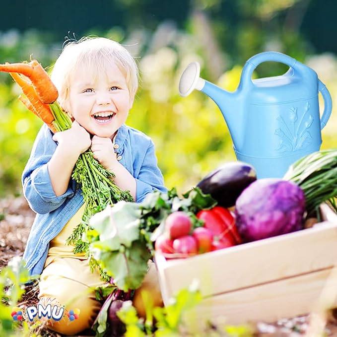 PMU 2 Gallon Watering Can - Garden Watering Can for Indoor & Outdoor Plants - Plastic Water Can with Detachable Sprinkler Head - Large Water Pot, Made in USA - Blue Pkg/6
