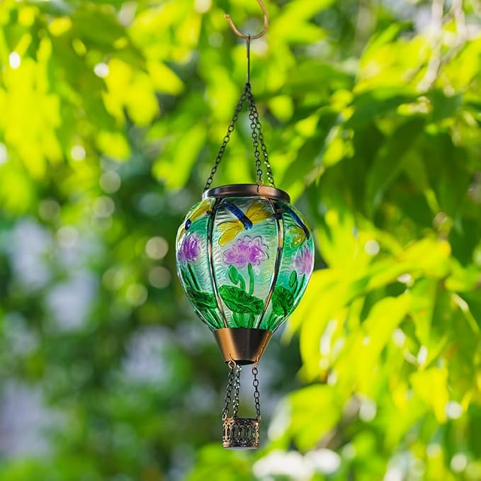Starsoul Starsoul Dragonfly Hot Air Balloon Solar Lantern Glass Outdoor Hanging Hot Air Balloon Solar Flickering Flame Light Waterproof Garden Patio Yard Party Decorations