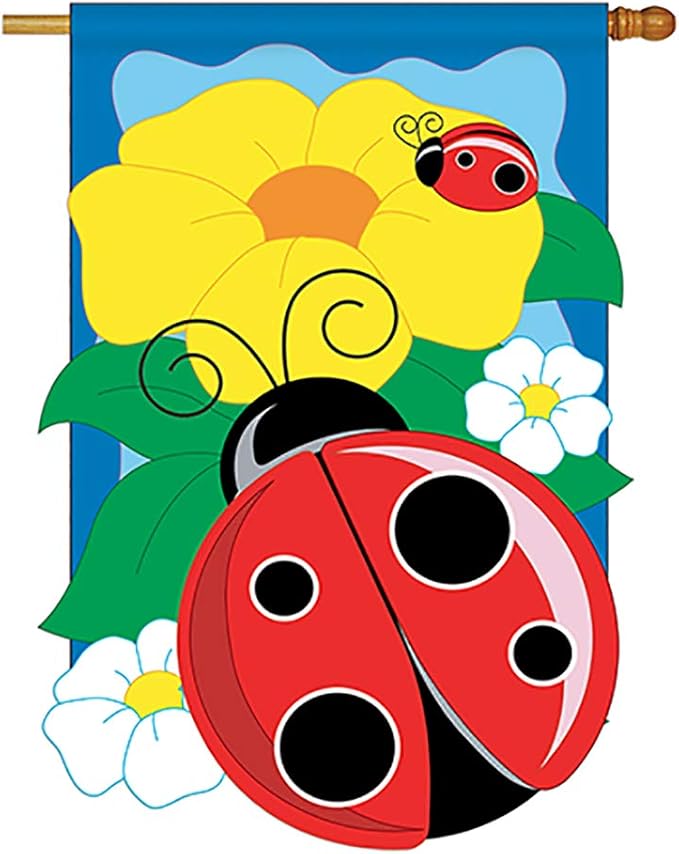 Two Group - Ladybug Garden Friends - Everyday Bugs & Frogs Applique Decorative Vertical House Flag 28" x 44"