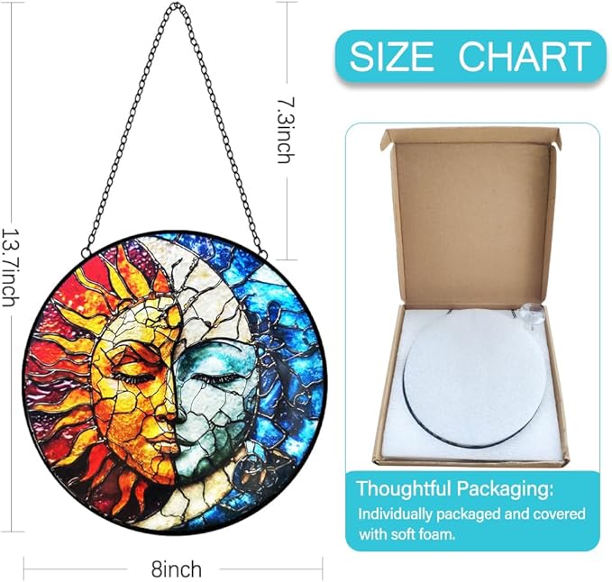 Sun and Moon Decor Stained Glass Window Hanging Suncatchers - Sun Catchers Indoor Window Christmas Decorations - Stained Glass Suncatcher with Hooks and Chain - Celestial Decor Gift for Men Women