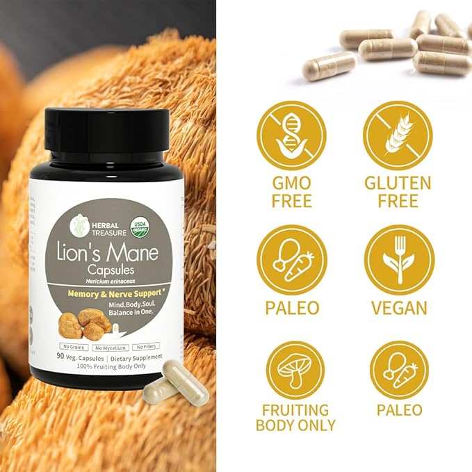 Herbal Treasure Lions Mane Supplement Capsules, 800mg Lions 90 Caps