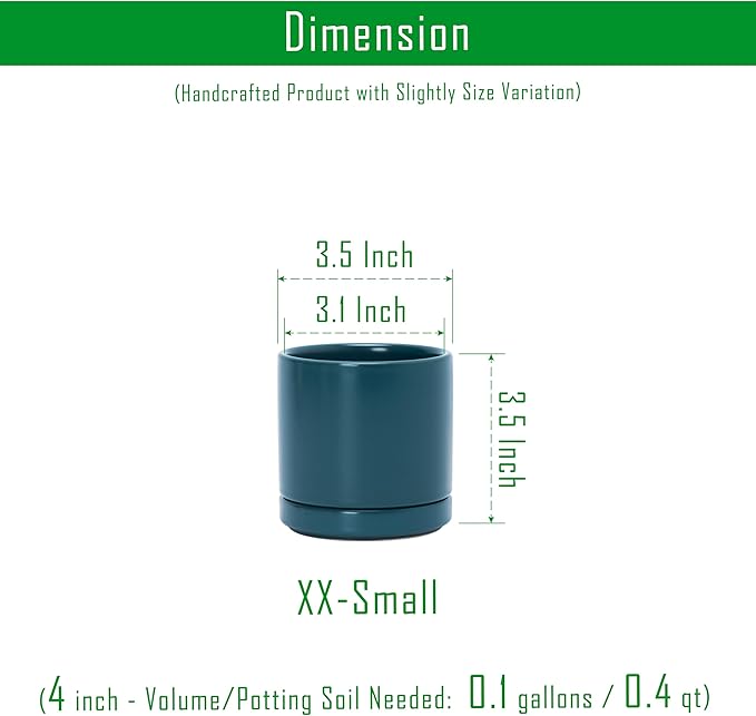 D'vine Dev 3.5 Inch Ceramic Planter Pot with Drainage Hole and Saucer, Indoor Cylinder Round Planter Pot, Teal, 94-O-A-9