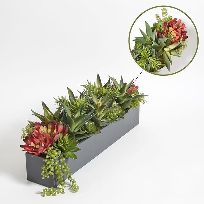 Oblong Faux Succulent Arrangement, Premium Artificial Indoor Plant Enhances Interior Design, Display on any Surface in Your Home Adding an Inviting Touch of Nature, Grey Planter Pot Included