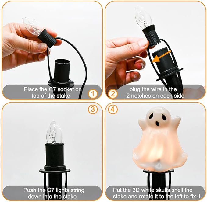 Goothy Halloween Ghosts Pathway Marker Lights, 4 White Ghosts with 4 Stakes, 7Ft Extendable Pathway String Lights, Waterproof for Halloween Lawn Walkway Driveway Markers