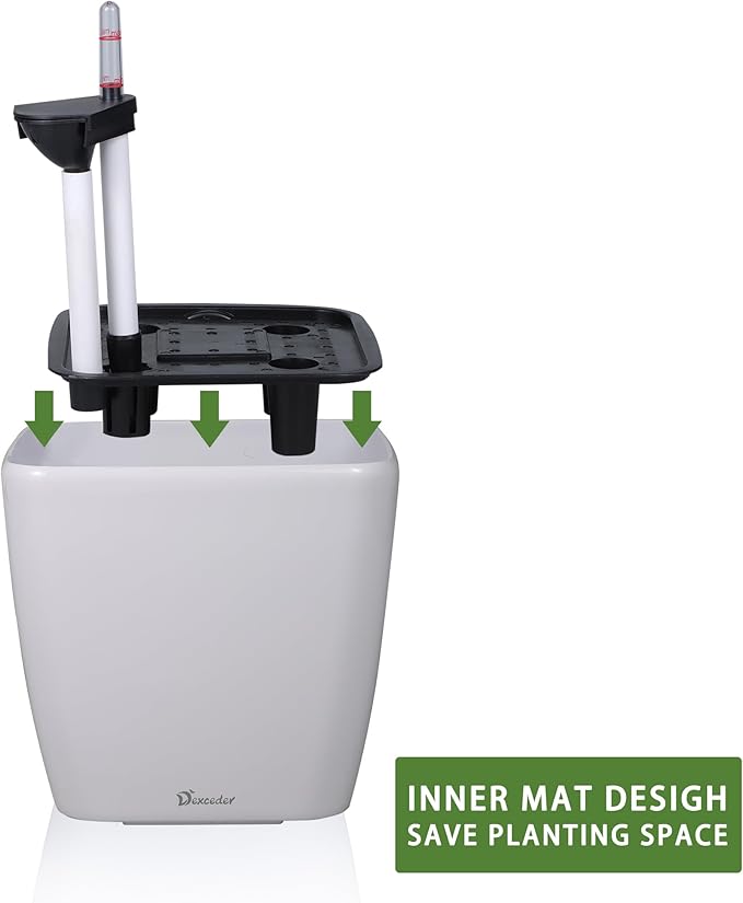 Dexceder 15x14 Self Watering Planter with Wheels Indoor Outdoor, Inner Mat Design, Thickened Large Floor Standing Flower Plant Pot with Water Level Indicator (White Matte)