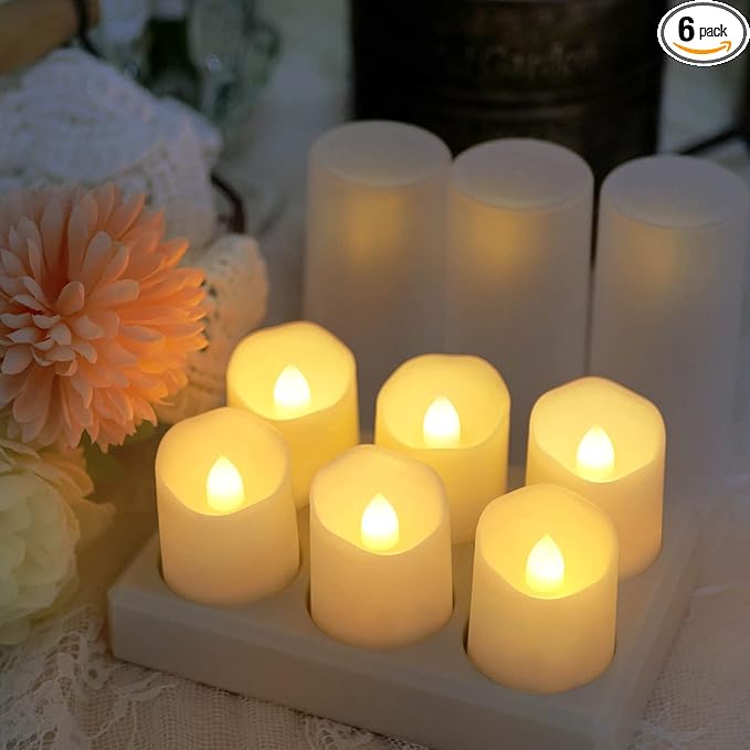 Rechargeable Tea Lights LED Flameless Christmas Candles, Set of 6 Electric Votive Tealights Flickering Candle with Remote Timer and Charging Holder for Home Centerpiece Party Holiday Decorations