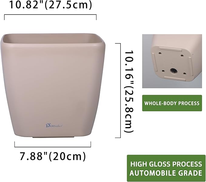 Dexceder 11x10 Self Watering Planter Indoor Outdoor, Inner Mat Design, Thickened Table Flower Plant Pot with Water Level Indicator (Taupe Matte)