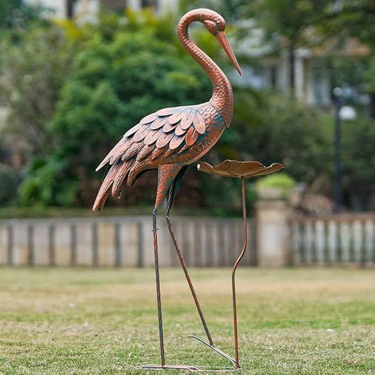 Crane Garden Statue, 42'' Heron Outdoor Statue with Birdbath, Large Crane Bird Metal Yard Art for Lawn Porch Backyard Patio Decor (Brown)