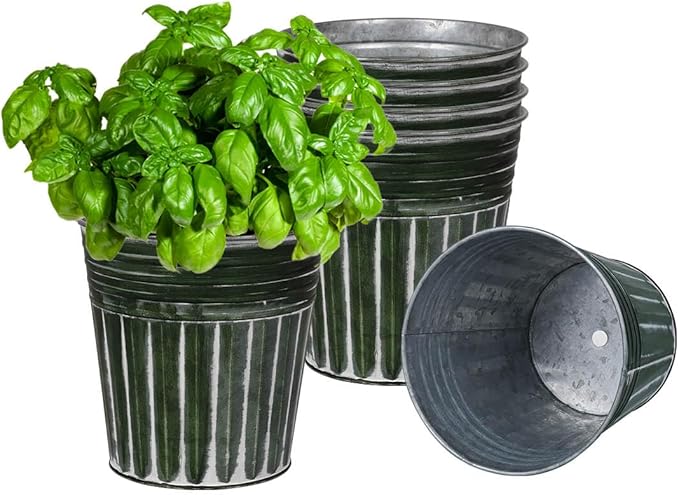 vensovo 6 Inch Dark Green Metal Rustic Flower Pots - 6Pcs Medium Galvanized Planters with Drainage Hole and Rubber Plug, Rustproof Metal Bucket Plant Pots Farmhouse Vintage Style for Decor
