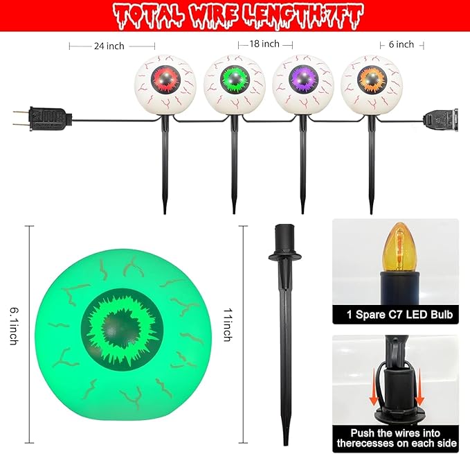 Outdoor Halloween Decorations Pathway Lights, 7Ft Halloween Eyeballs Pathway Markers String Lights Waterproof with 4 LED Scary Eyeballs Halloween Stakes Lights for Outdoor Walkway Yard Lawn Garden