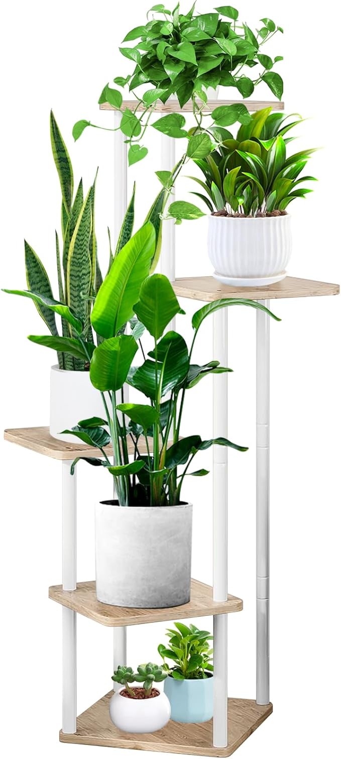 5 Tier Wood Tall Plant Stand Metal Rack Indoor, Multiple Flower Pot Holder Shelves Corner Rack, Planter Shelf Display Rack Storage Organizer for Patio Living Room Balcony Garden(White Oak)