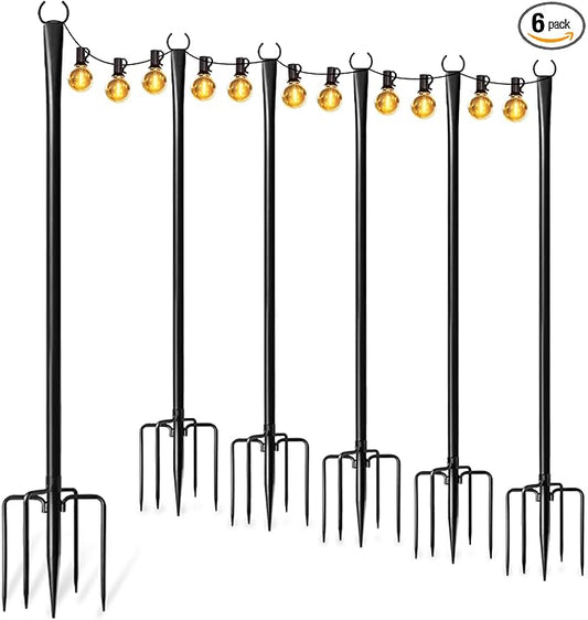 6 Pack String Light Poles for Outside, Thickened Metal Lights Hanger Pole Outdoor with Fork, Lighting Hanging Post Accessories for Patio Decor Garden Backyard Yard Front Porch Outside Decorations