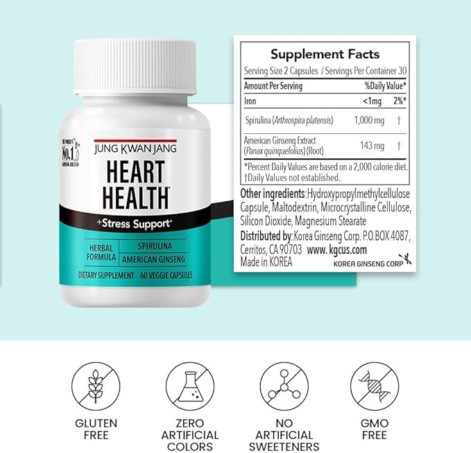 JungKwanJang Heart Health with Spirulina (1,000mg) (143mg) - 60 Herbal