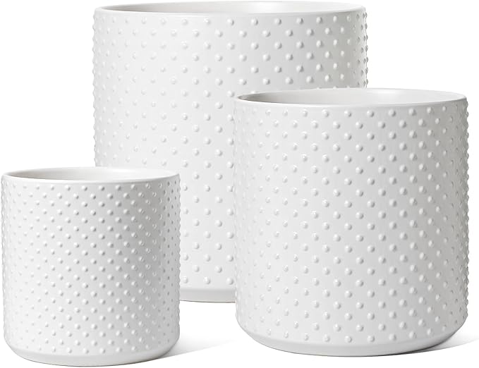 LE TAUCI Ceramic Plant Pots Indoor, 10+8+6 Inch Planters for Indoor Plants, Raised Dots Flower Pots with Drainage Hole and Plug, Cylinder Round Planters, Set of 3, White