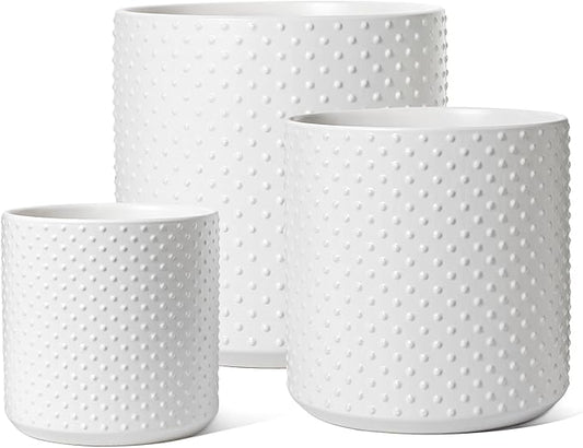 LE TAUCI Ceramic Plant Pots Indoor, 10+8+6 Inch Planters for Indoor Plants, Raised Dots Flower Pots with Drainage Hole and Plug, Cylinder Round Planters, Set of 3, White