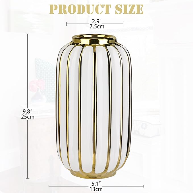 Briful Gold Plated Lantern Ceramic Vase Home Decor Creative Design Porcelain Decorative Flower Vase 11.02'' White Ceramic Vases for Wedding Anniversary Decoration