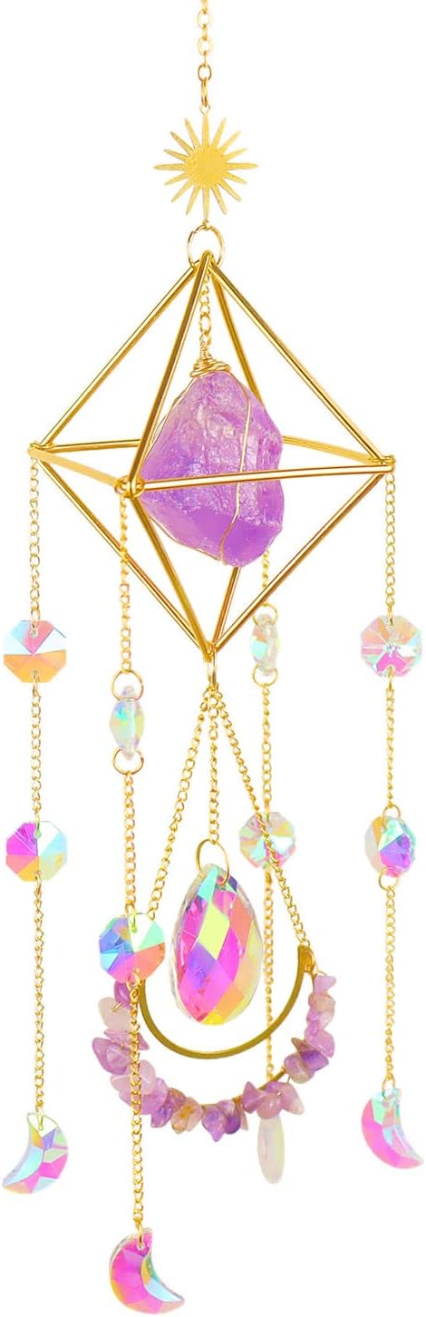Suncatcher Amethyst Crystal Boho Decor, Spiritual, Purple Gemstone Sun Catcher Hanging for Windows, Rainbow Maker, Crystal Boho Hanging, Natural Stone (Amethsyt)