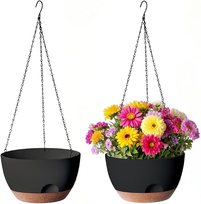 12 Inch Hanging Baskets for Plants Outdoor, Hanging Planters for Indoor Outdoor Plants, Hanging Planter with Self Watering, Hanging Flower Pots (Black)