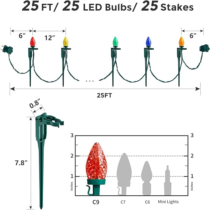 SURAIELEC C9 Christmas Pathway Lights, 25FT Outdoor Christmas Light with 25 Stakes, 25 Multicolored LED Bulbs, Connetable String Lights for Yard, Walkway, Driveway Decor, Waterproof, UL Listed