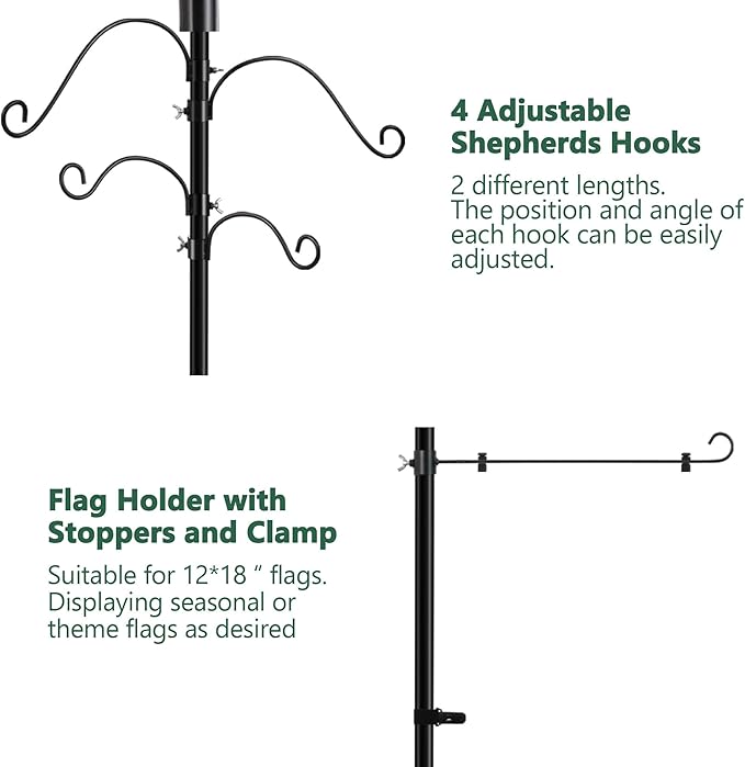 Solar Shepherds Hooks with Hand Blown Glass Lamp, Decorative RGB Lights, 4 Hooks & 1 Flag Holder, Heavy Duty Pole for Hanging Hummingbird Feeder, Bird Feeder, Wind Chime, Plant, Lantern (Teal)