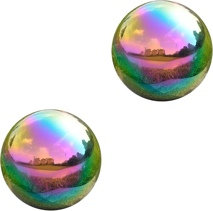 Nerien Gazing Ball, 3.9" Stainless Steel Garden Mirror Globe, Polished Ornament Sphere, Hollow Floating Reflective Hemisphere, Home Outdoor Pond Housewarming Swimming Pool Decoration, Rainbow, 2pcs