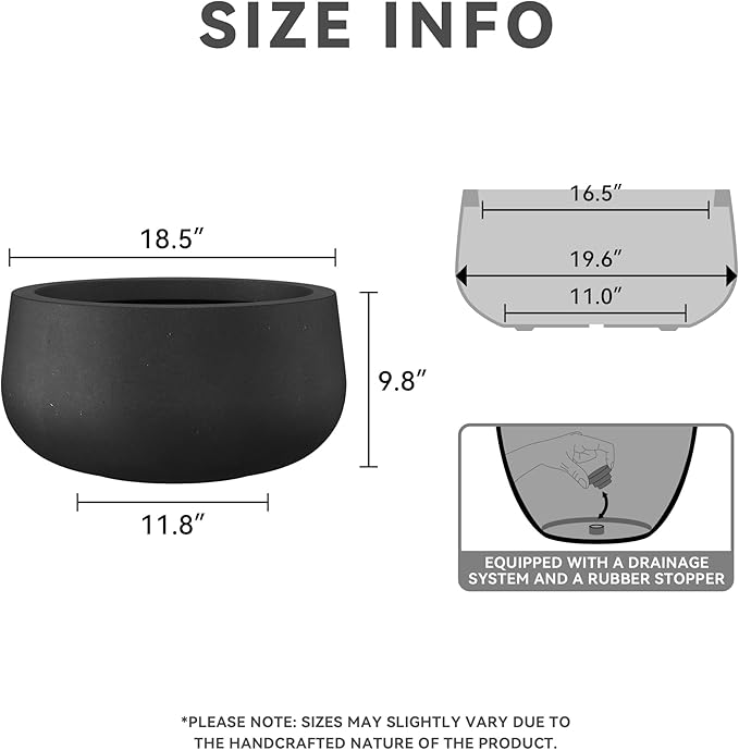 Kante 19.6" Dia Round Concrete Planter, Cement Plant Pots with Drainage Hole and Rubber Plug for Outdoor Indoor Garden Home, Modern Curvaceous Design, Black