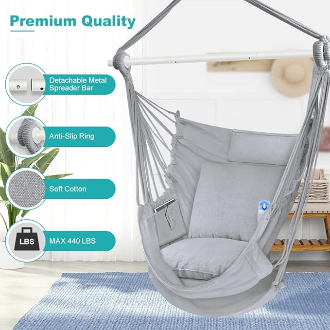 Outerman Hammock Chair, Hanging Chair with 3 Cushions and Foot Rest Support, Sturdy Metal Spreader Bar Max 440 Lbs, Swing Chair for Bedroom, Indoor & Outdoor, Patio, Porch or Tree（Gray）