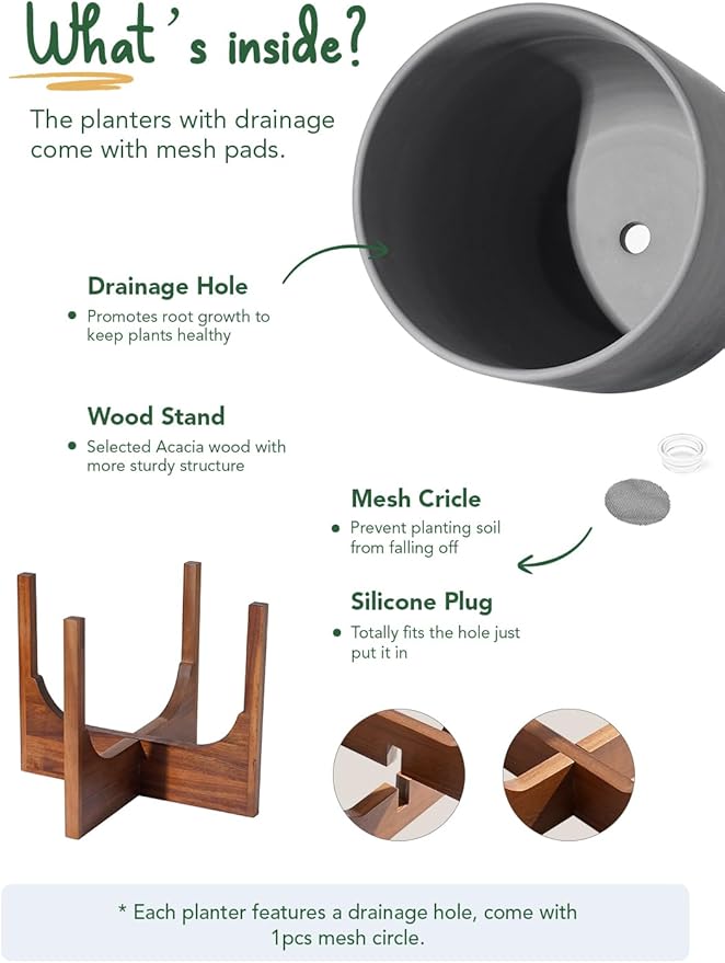LE TAUCI 12 Inch Pots for Plants with Acacia Wood Stand, Ceramic Large Planters for Indoor Plants, Indoor Plant Pots for Office Living Room, Pots for Plants with Drainage Hole and Plug, Charcoal Gray