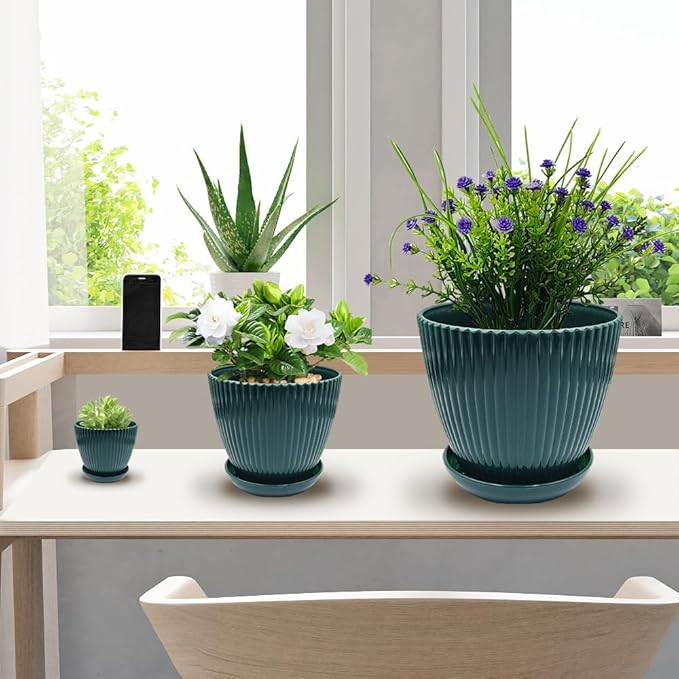 Plant Planters with Drainage Holes and Trays Pack of 6 Plant Pots Indoor and Outdoor Flowers Pots Different Size Plastic Pots, Dark Green