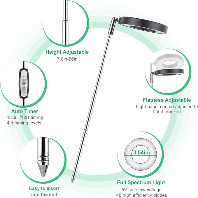 LORDEM Plant Grow Light, Full Spectrum LED Plant Light for Indoor Plants, Growing Lamp with Auto On/Off Timer, 4 Dimmable Brightness, 2 Packs of Black