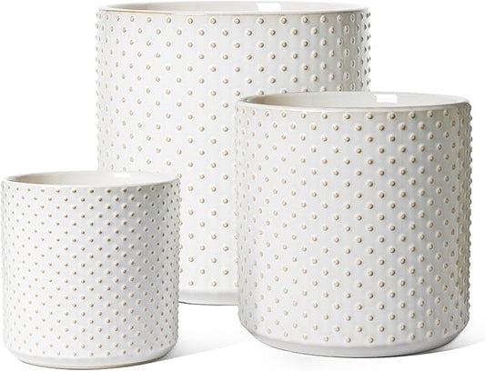 LE TAUCI 6+8+10 Inch Plant Pots Indoor, Ceramic Planter Pots for Plants, Raised Dots Flower Pots Indoor for Home and Office, Mid-Modern Century Pots with Drainage Hole and Plug, Glaze Arctic White