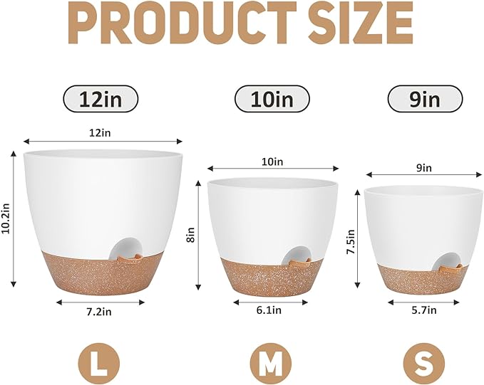 12" 10" 9" Large Self Watering Plant Pots, 3 Pack Flower Pots Planters with Multi Mesh Drainage Holes for Indoor Outdoor Garden Plants and Flowers.