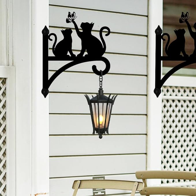 Peacoblue Iron Plant Hangers Hooks for Outdoor Indoor Hanging Plants Fern Pots, Lantern, Bird Feeder, Wind Chimes, 12”x14” Cat Weather Resistant Metal Wall Brackets Holder for Porch, Garden, Home(Cat)