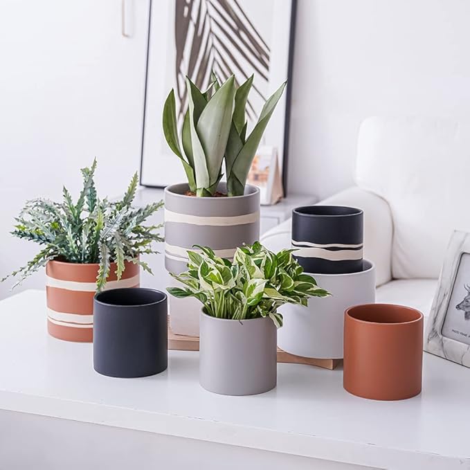 Nihow Modern Ceramic Plant Pot - 5 + 7 Inch Flower Pot for All Indoor Plants - Sturdy Planter Pots with Drainage Hole & Rubber Plugs - Semi-Matte Gray & Nature - Plants Not Included