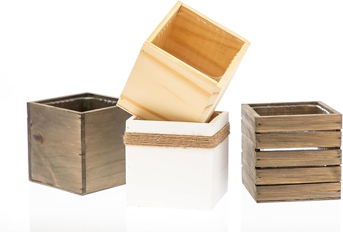 Wood Planter Box, 5 Inch Square, Rose Wood, Plastic Liner, Garden Centerpiece Display, Wedding Flowers Holder, Home and Venue Decor (5x5 Set of 4, Rose Wood)