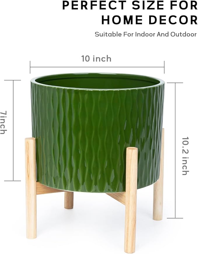 LaDoVita Ceramic Plant Pot with Stand, 10 Inch Planter with Wood Shelf, Modern Round Flower Pots Indoor with Wood Planter Holder, Dark Green Water Ripple Pattern
