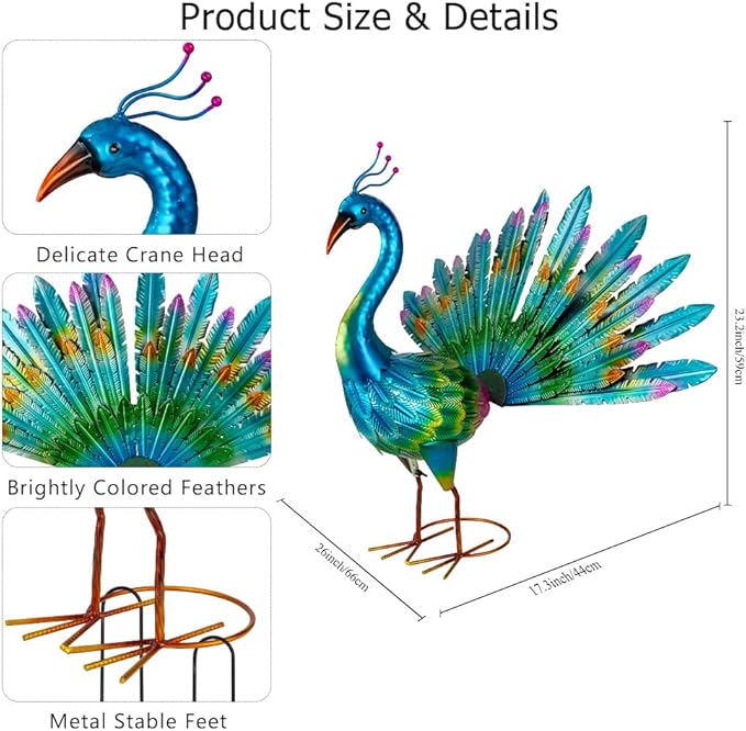 VEWOGARDEN Peacock Outdoor Statues Metal Peacock Tail Spread Garden Sculptures & Statues for Yard Lawn Patio Pool Outside Decorations, Blue
