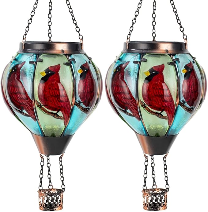 Starsoul 2 PC Cardinal Hot Air Balloon Solar Lantern with Flame Glass Outdoor Hanging Hot Air Balloon Solar Light Waterproof Garden Patio Yard Party Decorations